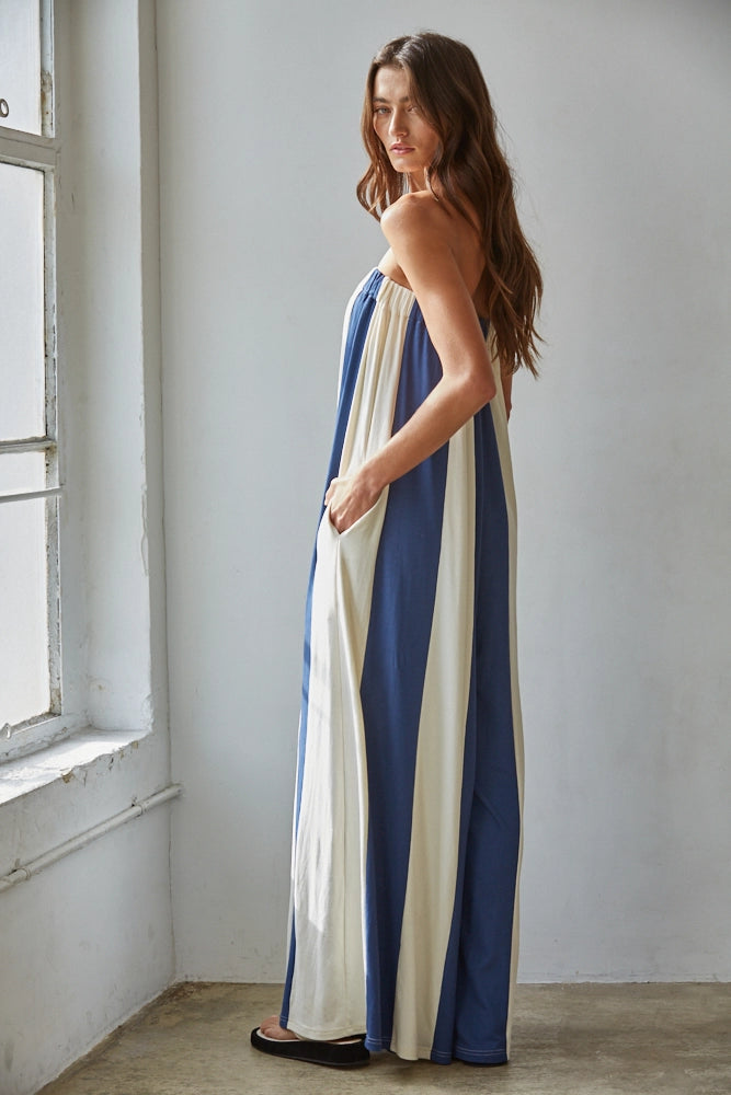 Striped Strapless Wide Leg Jumpsuit
