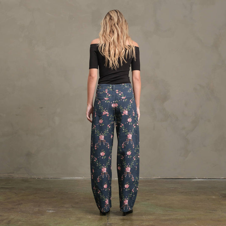 Floral Printed Barrel Leg Denim Pants