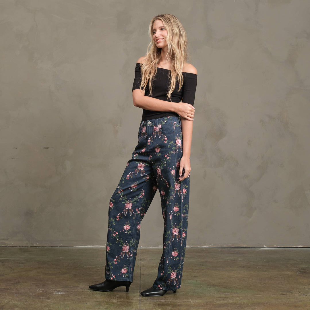 Floral Printed Barrel Leg Denim Pants