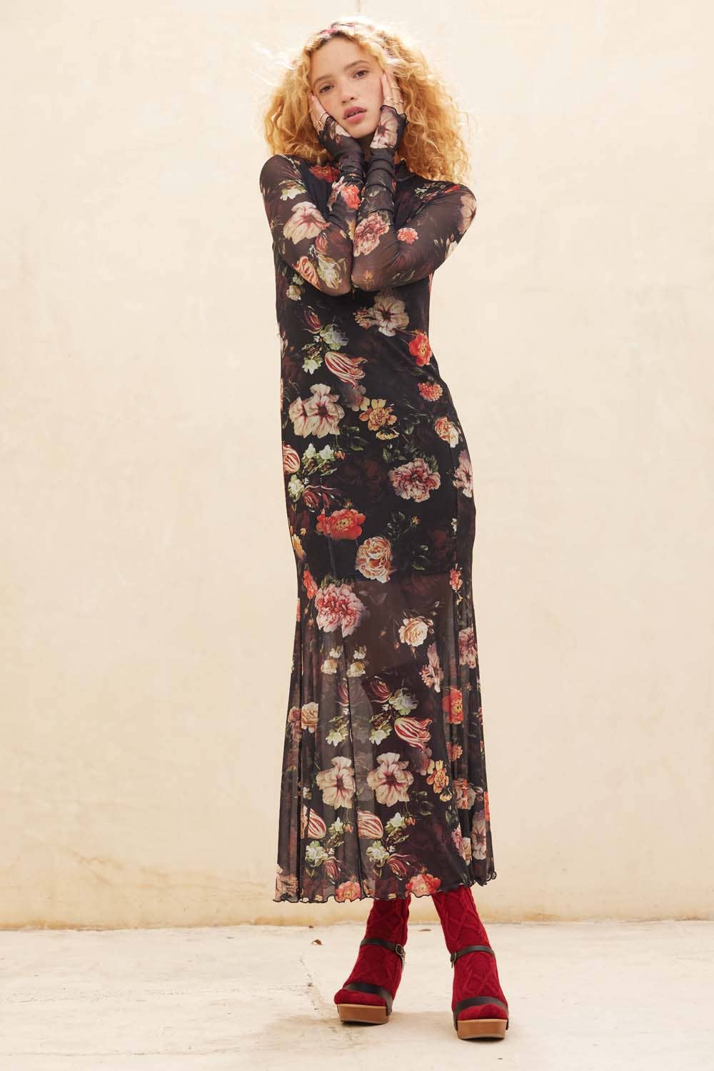 Floral Mesh Mock-Neck Maxi Dress