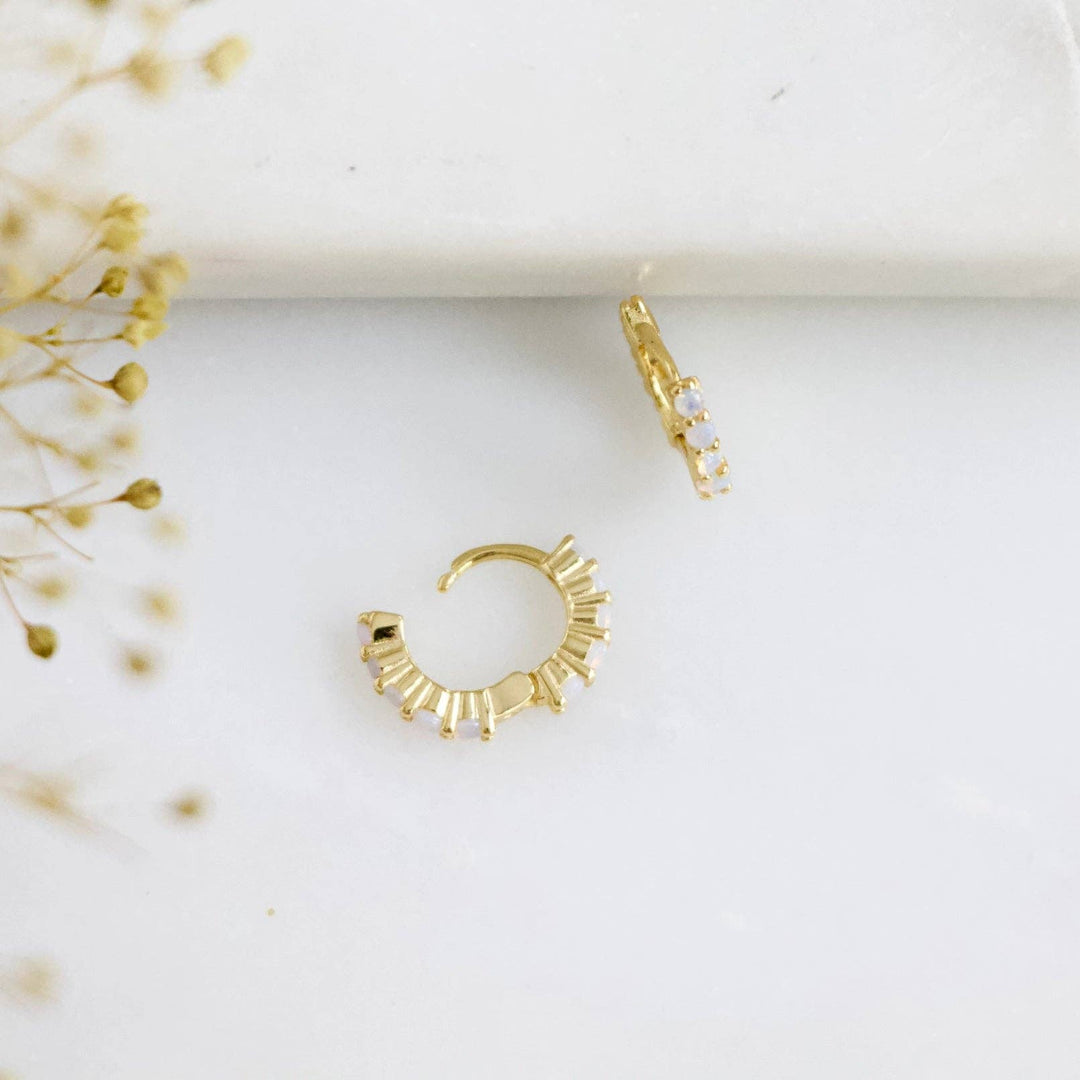 Gold and opalite hoop earrings on a white surface with dried flowers.