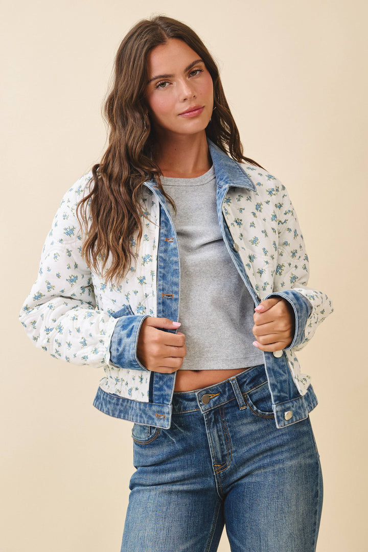 Floral Quilted Denim Trim Jacket