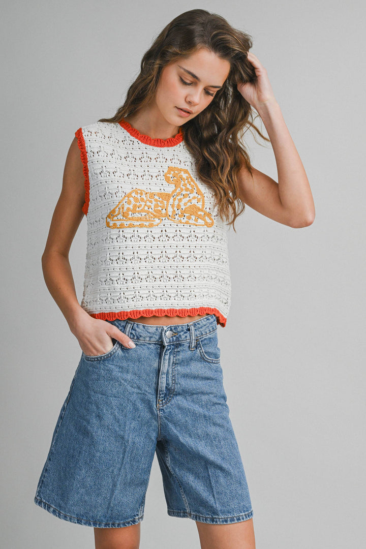 Crochet Leopard Sleeveless Knit Top