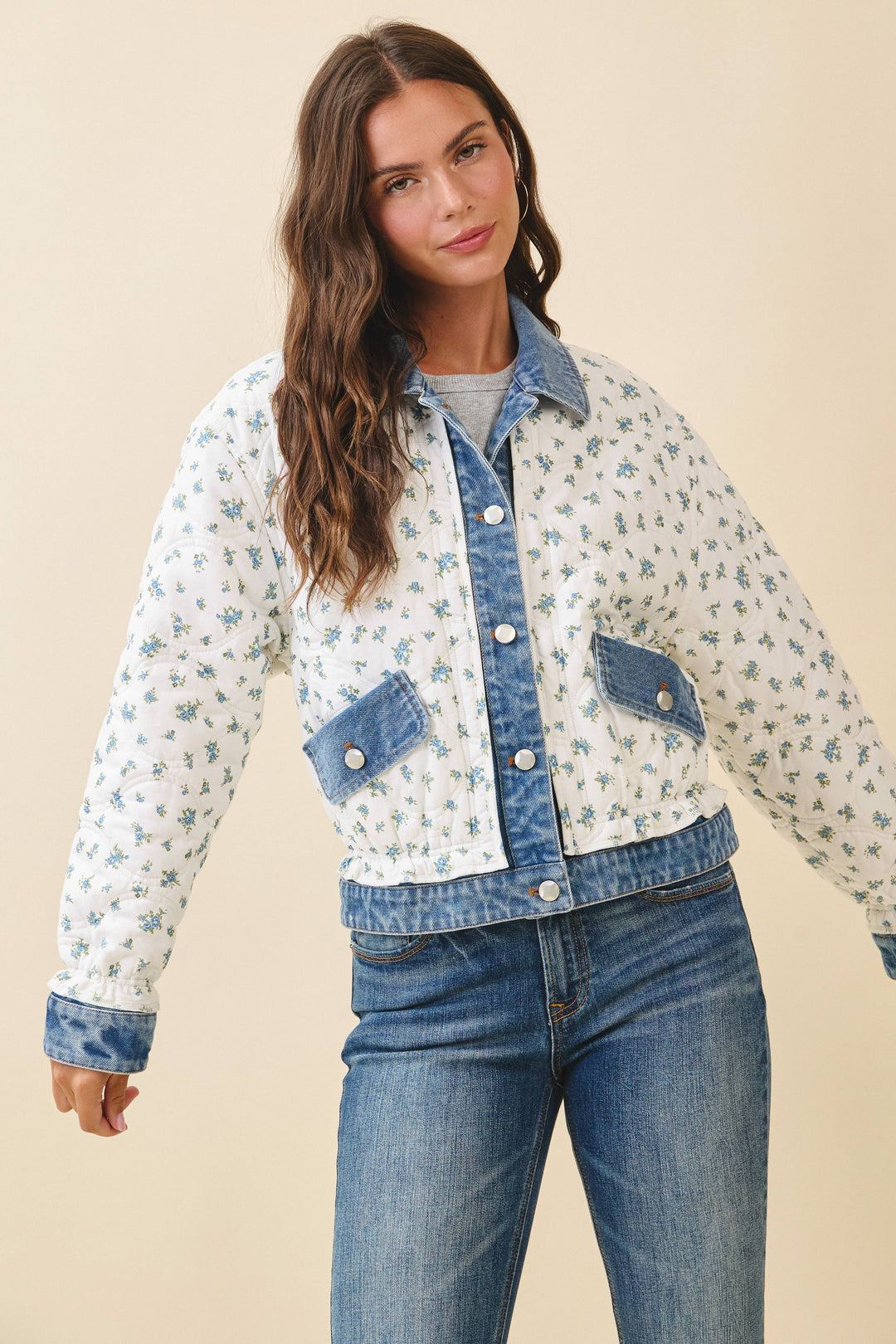 Floral Quilted Denim Trim Jacket