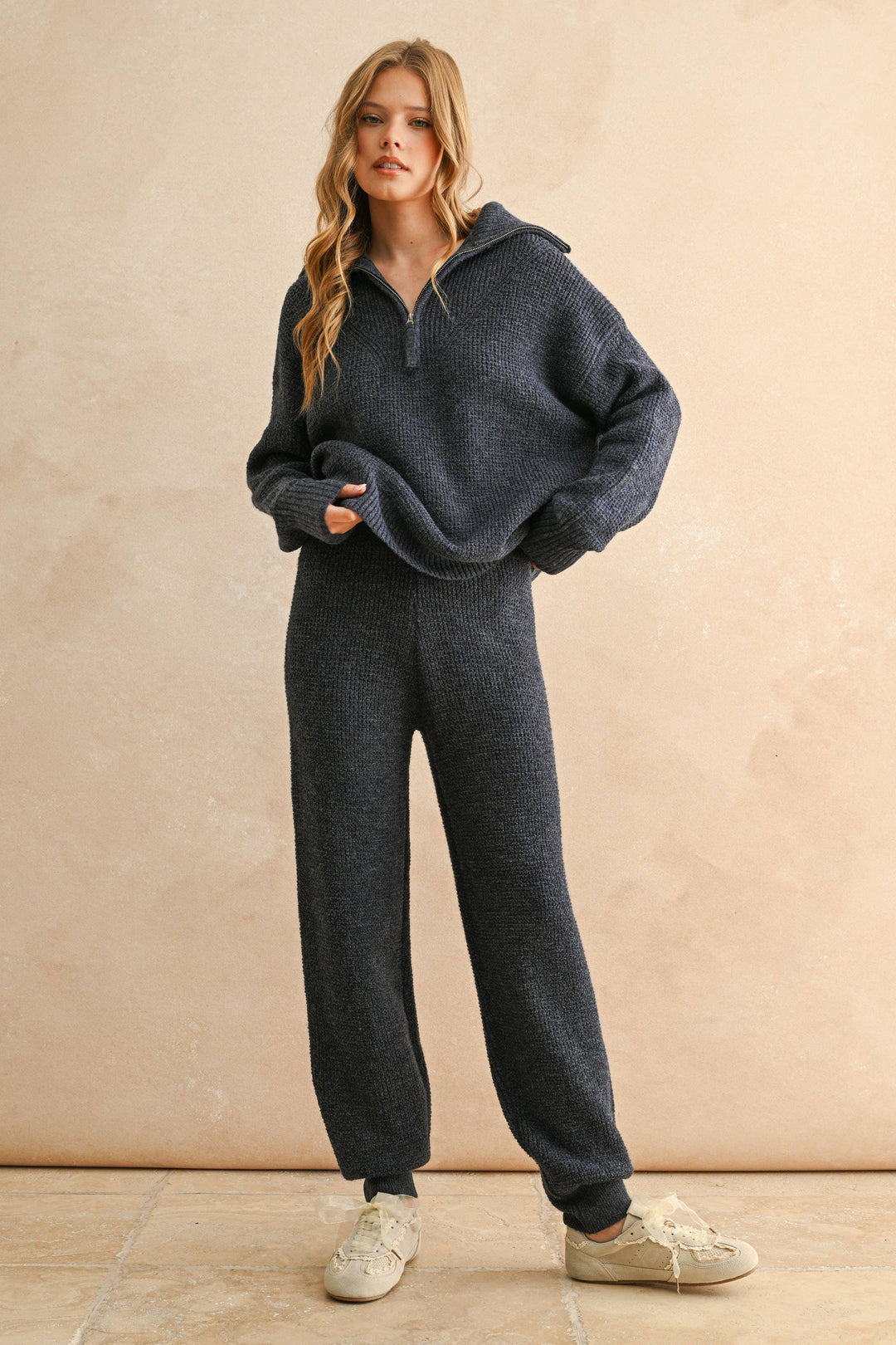 Waffle Pattern Sweater Jogger Pants