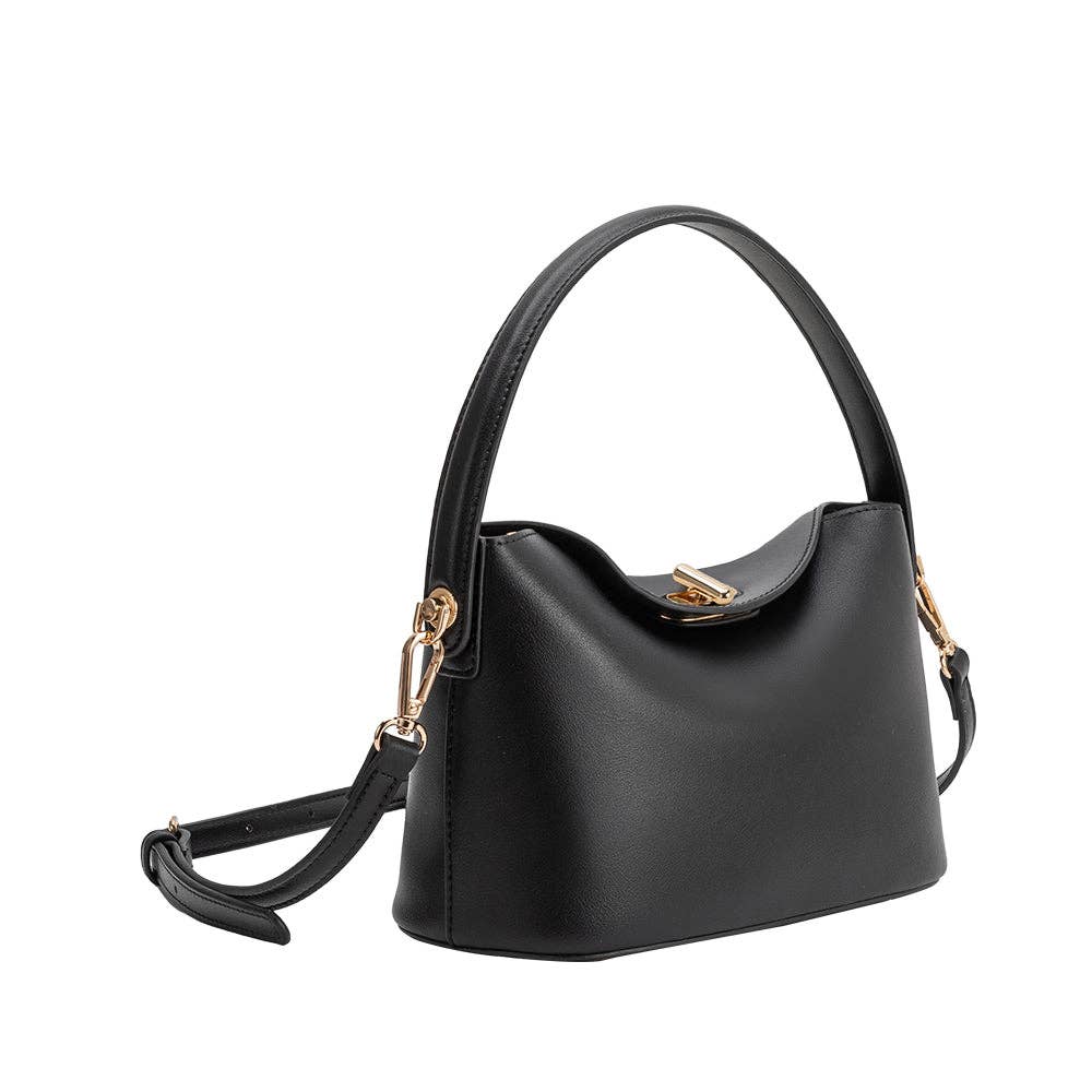 Black faux leather handbag with gold accents on a white background