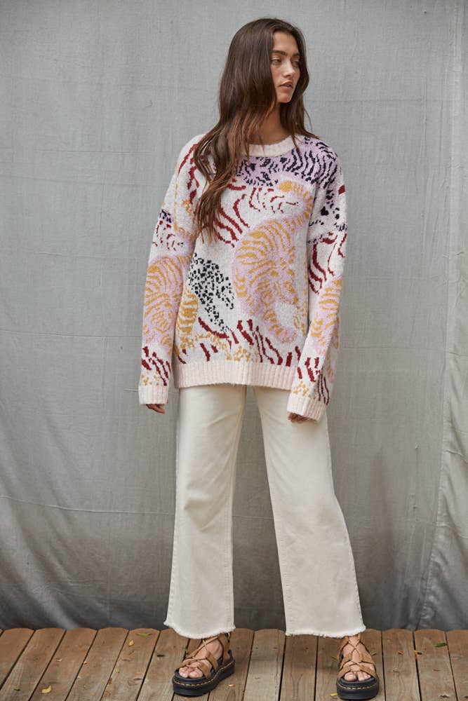Tiger Print Jacquard Knit Sweater
