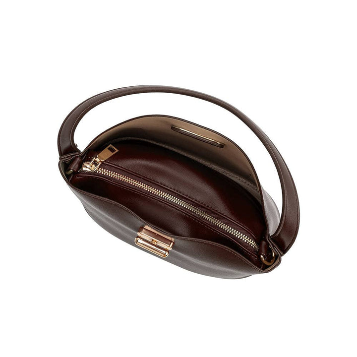 Brown recycled vegan leather handbag with gold zipper on a white background