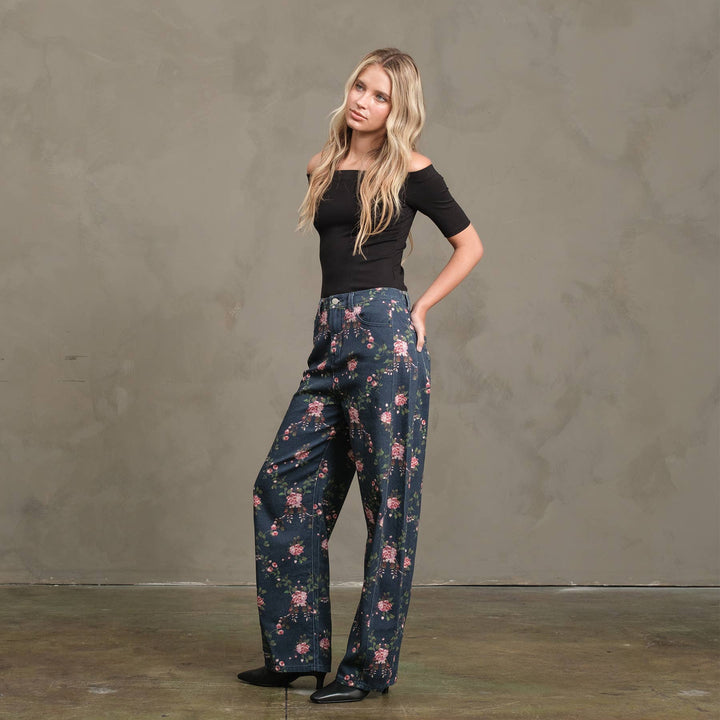 Floral Printed Barrel Leg Denim Pants