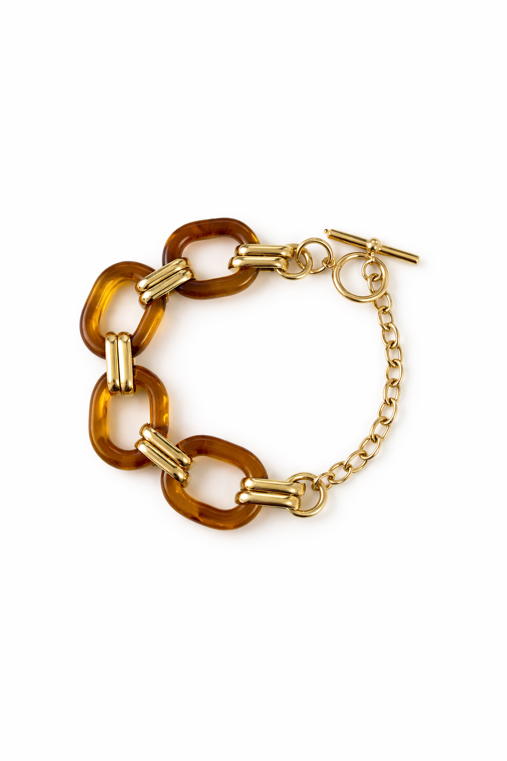 Gold and amber waterproof and tarnish resistant chain bracelet on a white background