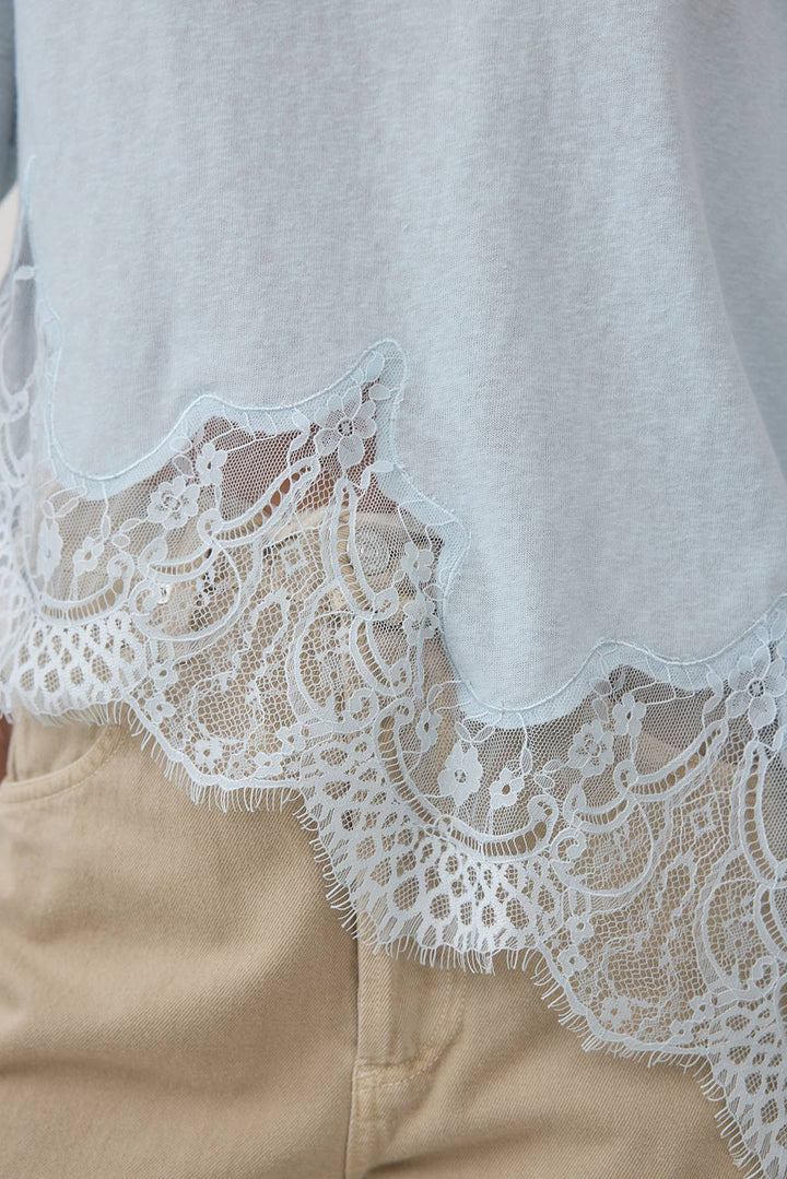 Close-up of a garment with lace trim on a plain background
