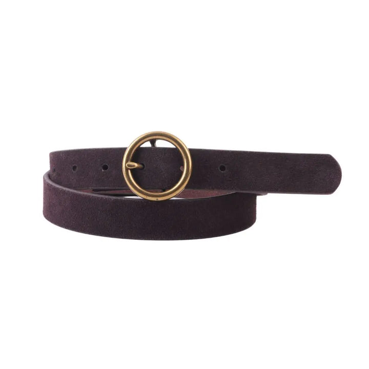 Brass-Toned Circle Buckle Suede Belt