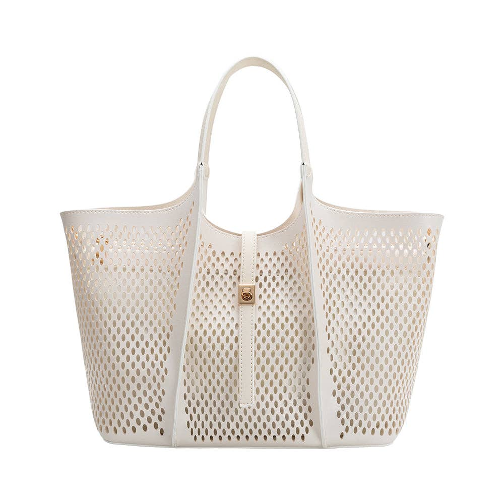 Perforated white tote bag with gold accent on a white background