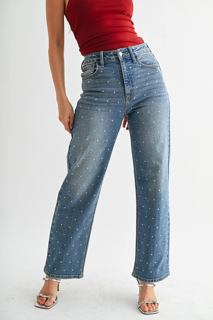 High Rise Rhinestone Vintage Straight Jeans