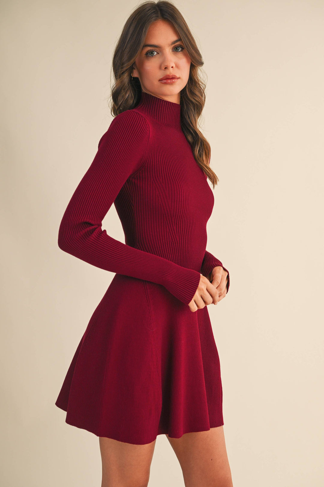 Mock Neck Ribbed Fit & Flare Mini Dress