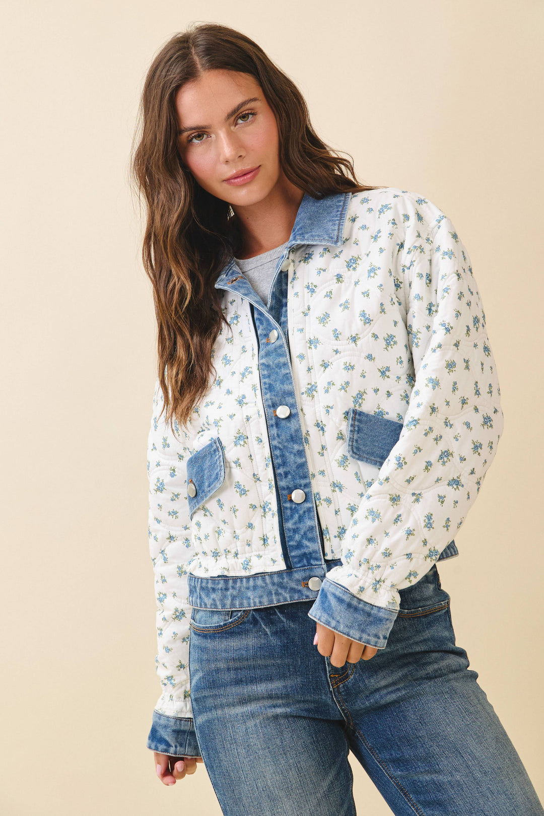 Floral Quilted Denim Trim Jacket
