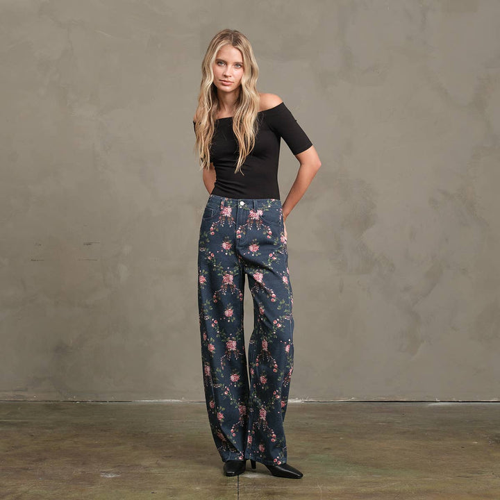 Floral Printed Barrel Leg Denim Pants