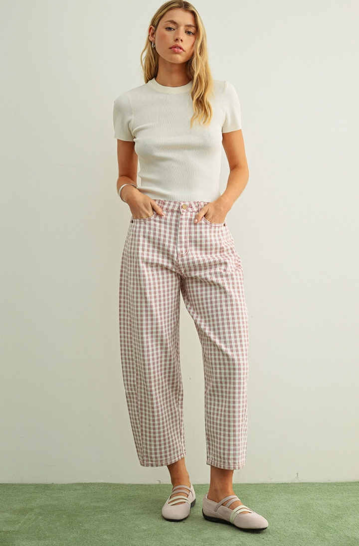 Woman wearing a white short-sleeve crewneck t-shirt and light pink-and-white gingham cropped pants, with a vertical thumbnail sidebar on the left showing other views of the same outfit.