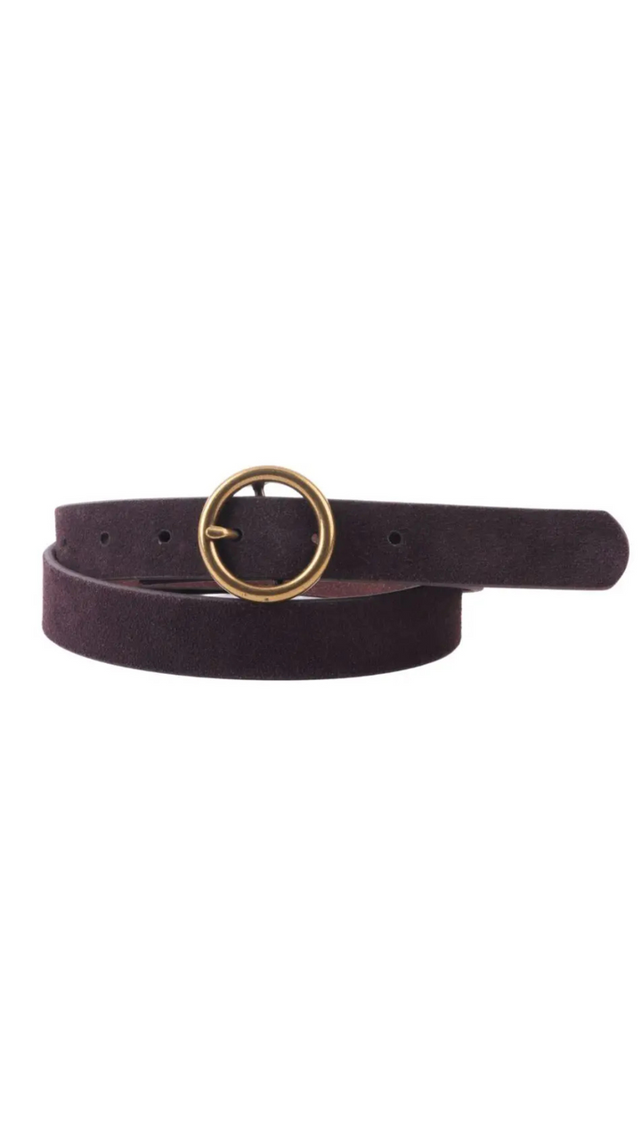Brass-Toned Circle Buckle Suede Belt