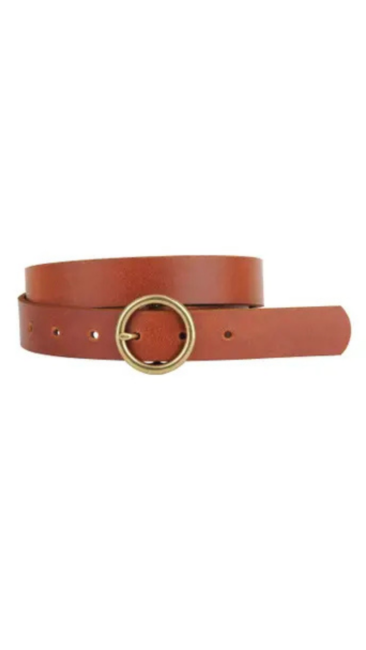 Brass-Toned Circle Buckle Leather Belt