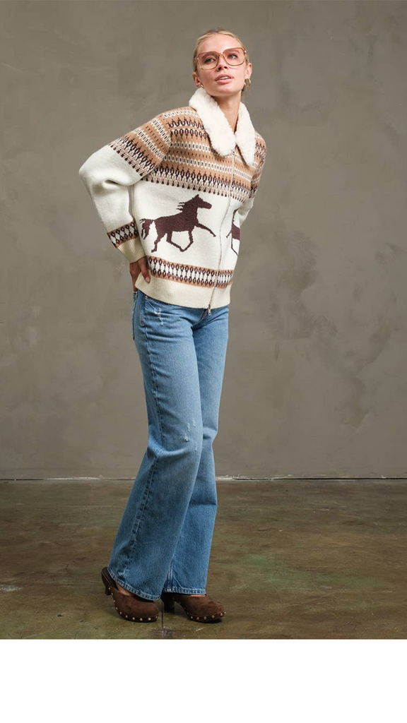 Western Horse Knit Zip-Up Jacket – Peridot