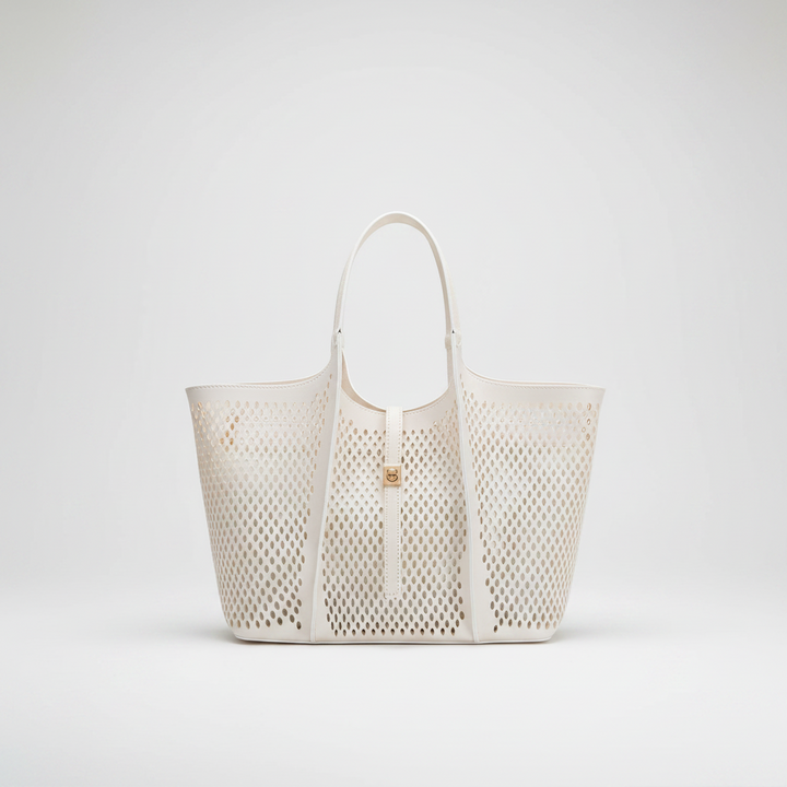 White perforated tote bag on a white background