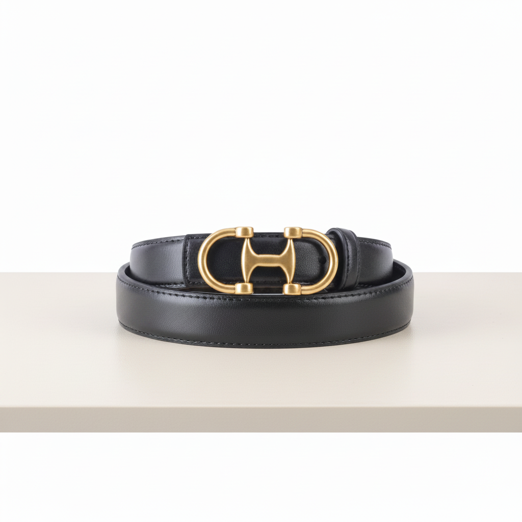 A black leather belt with a polished gold-tone H-shaped buckle, coiled and presented on a solid white background.