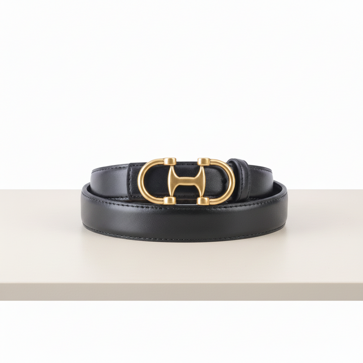 A black leather belt with a polished gold-tone H-shaped buckle, coiled and presented on a solid white background.