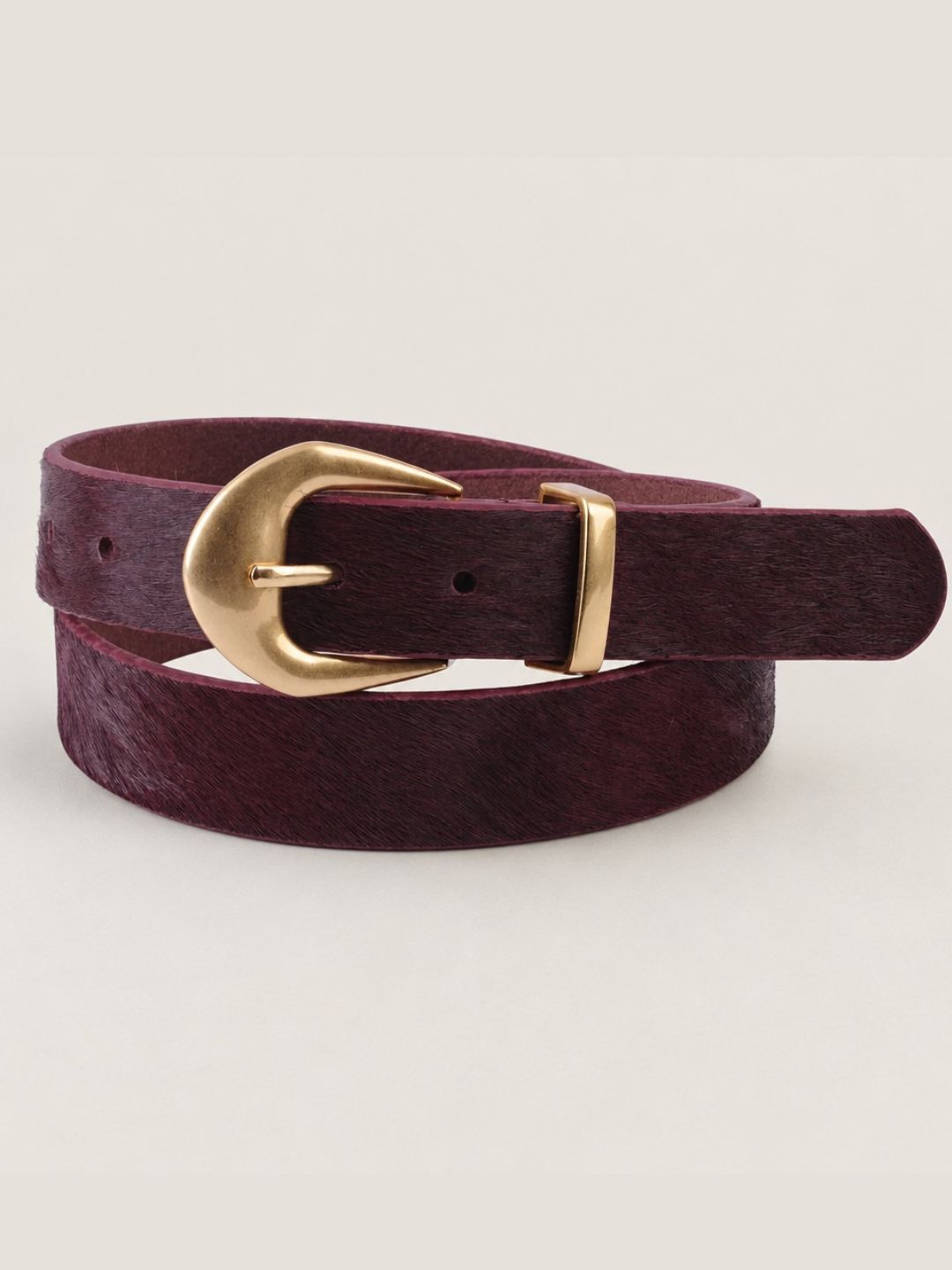 Deep burgundy calf hair and genuine leather woman's belt with brushed gold buckle