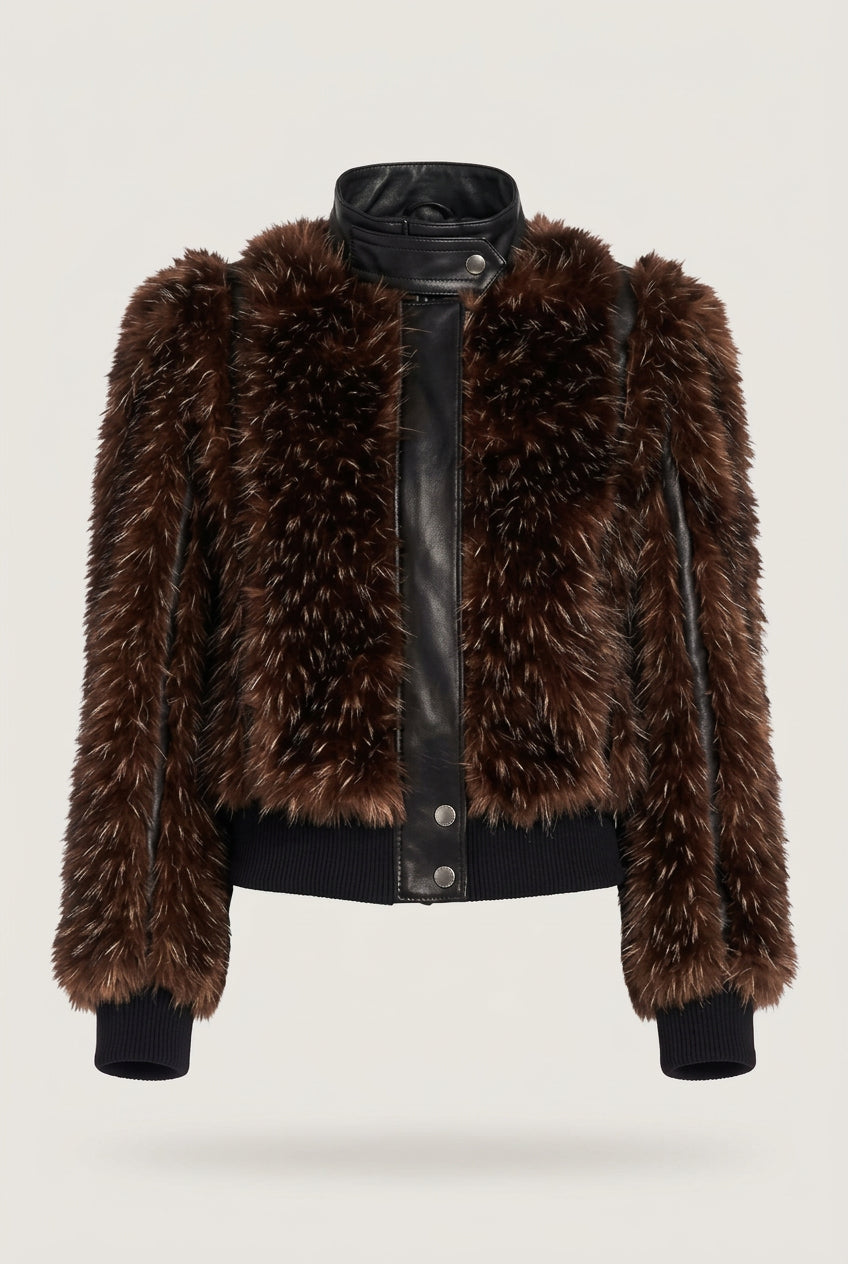 Faux fur bomber jacket in dark brown color with black faux leather trim
