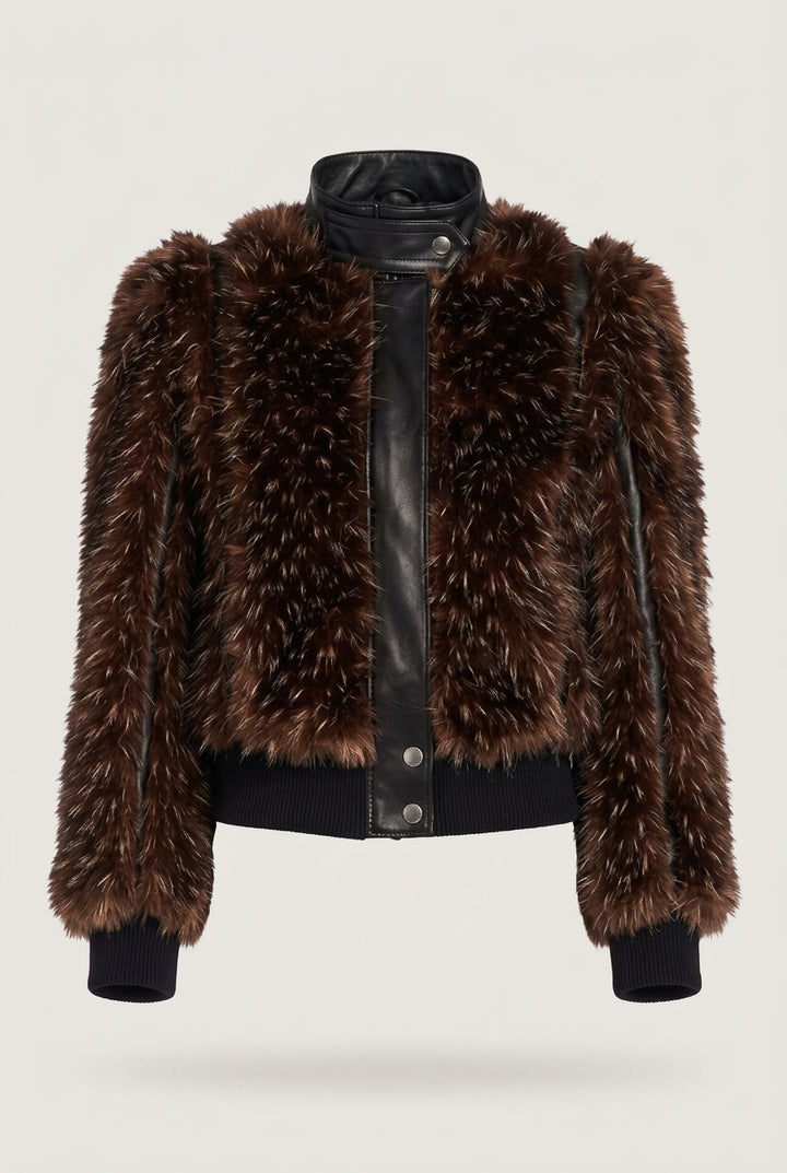 Faux fur bomber jacket in dark brown color with black faux leather trim