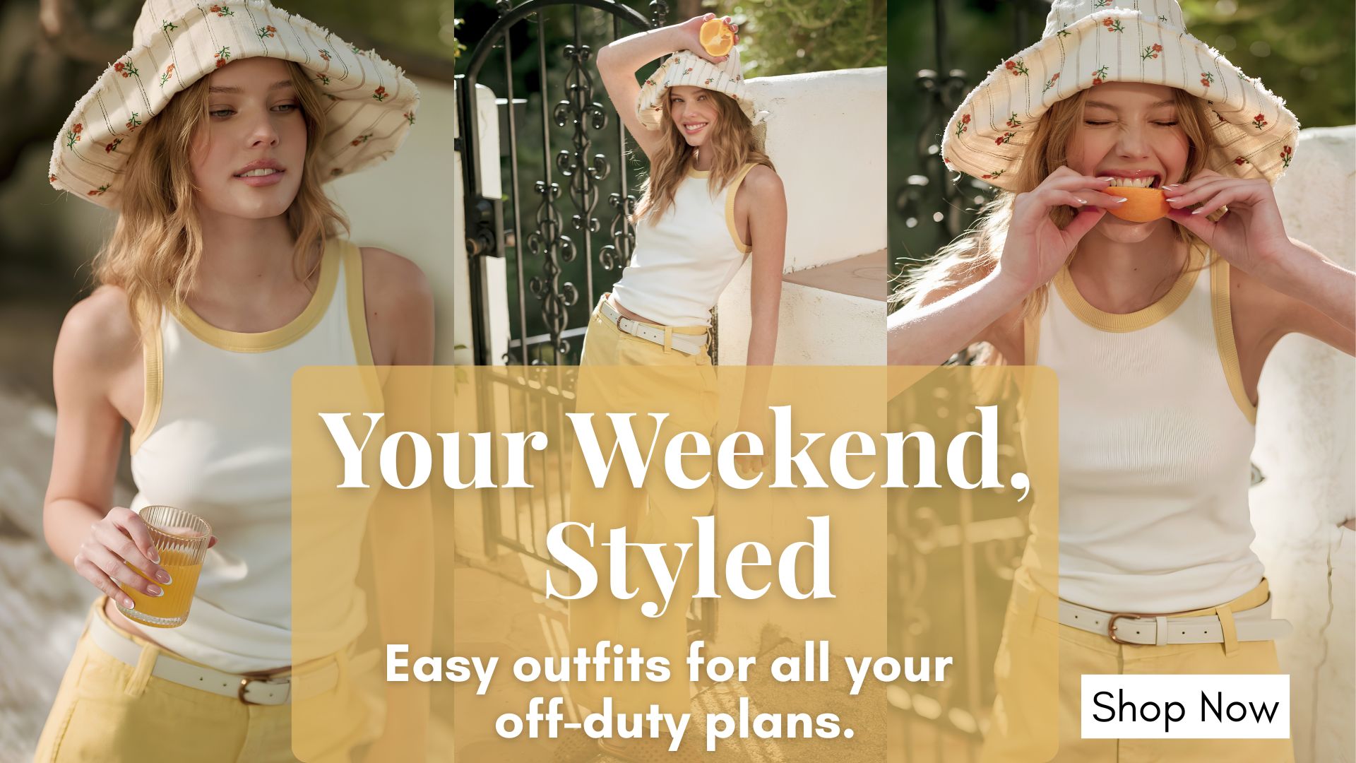 Collage of a woman wearing a white summer tank top, yellow pants, and a wide-brimmed hat with text promoting easy weekend outfits.