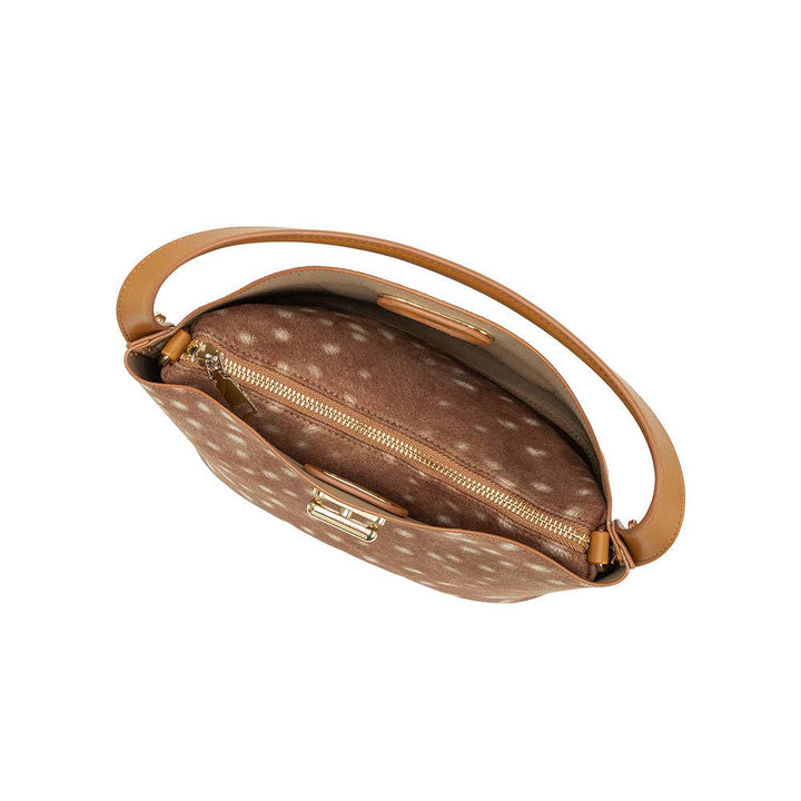A brown and beige spotted handbag shown open from an overhead angle, featuring a tan leather handle and gold-tone zipper hardware against a plain white background.