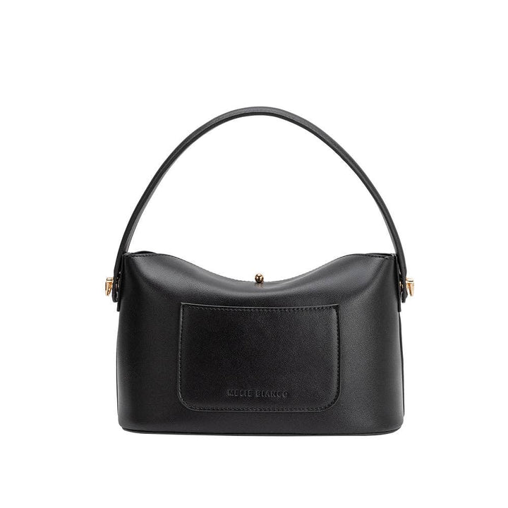 Black shoulder bag with a visible brand logo on a white background