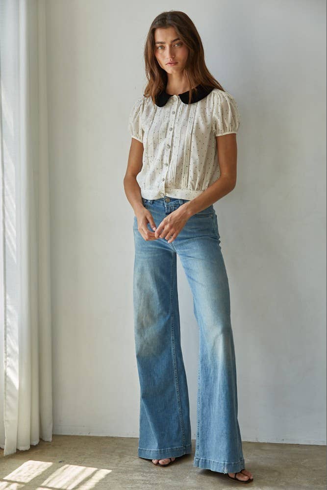 Chiffon Flocked Velvet Collar Dot Blouse