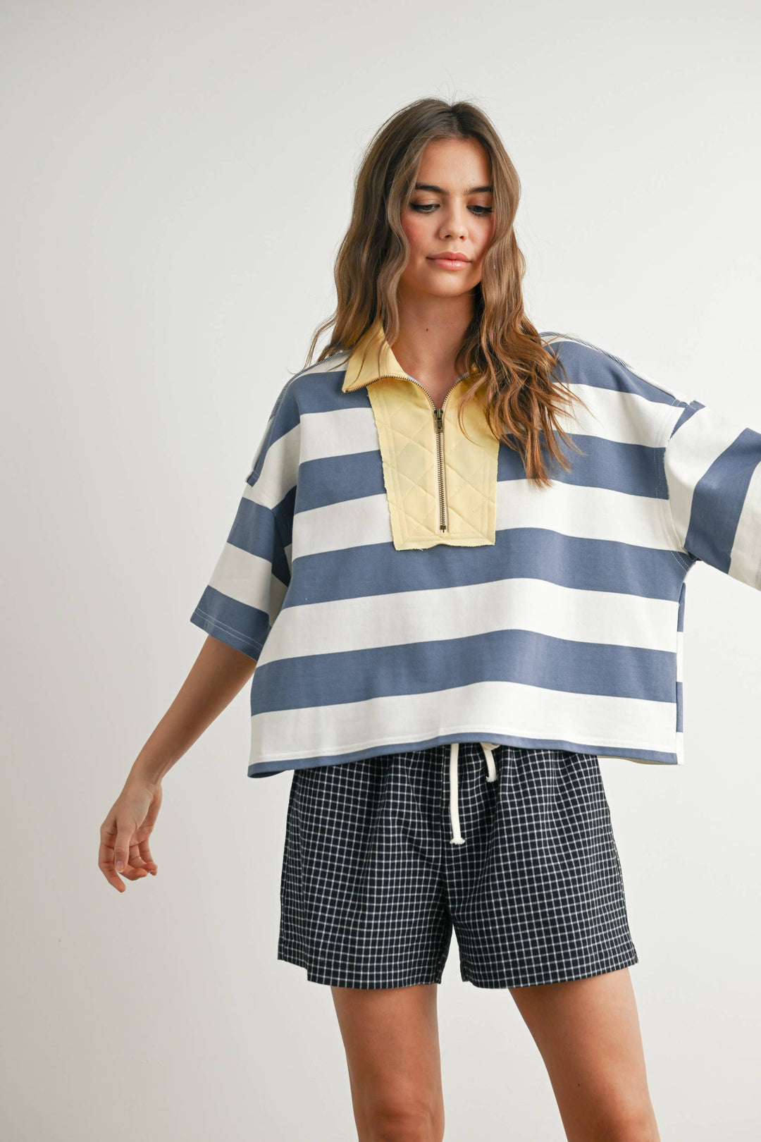 Oversized Striped Zip-Up Polo Shirt