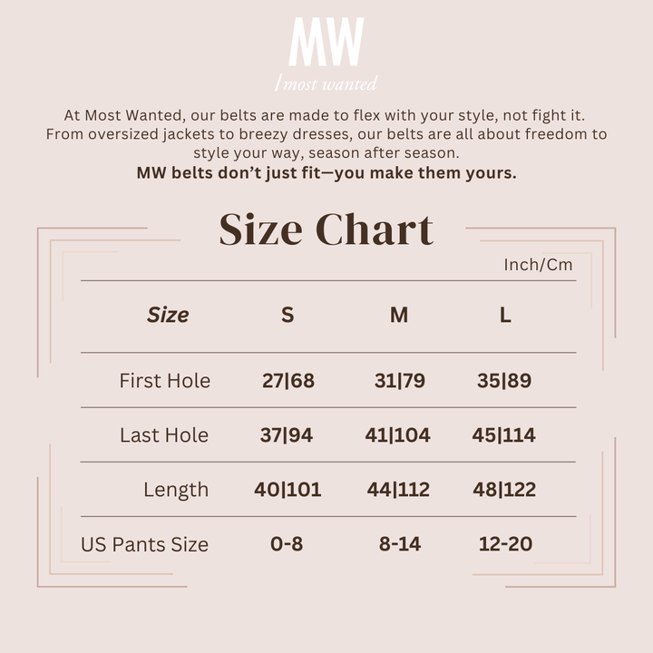 Size chart for belts with measurements and corresponding clothing sizes on a light pink background.