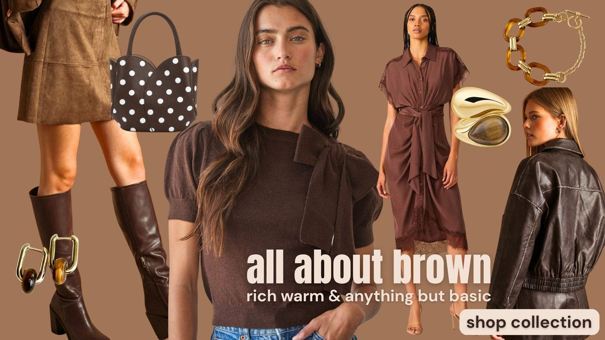 Mood board with various brown women's fashion styles and accessories. Tiger's eye jewelry, brown suede skirt, brown short sleeve sweater, brown midi dress, brown faux leather bomber, and brown and polka dot vegan leather handbag.