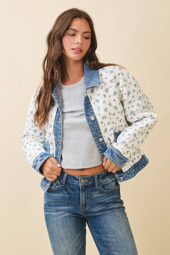 Floral Quilted Denim Trim Jacket