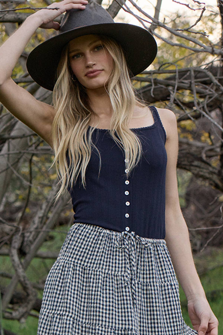 Pointelle Ribbed Button Detail Tank