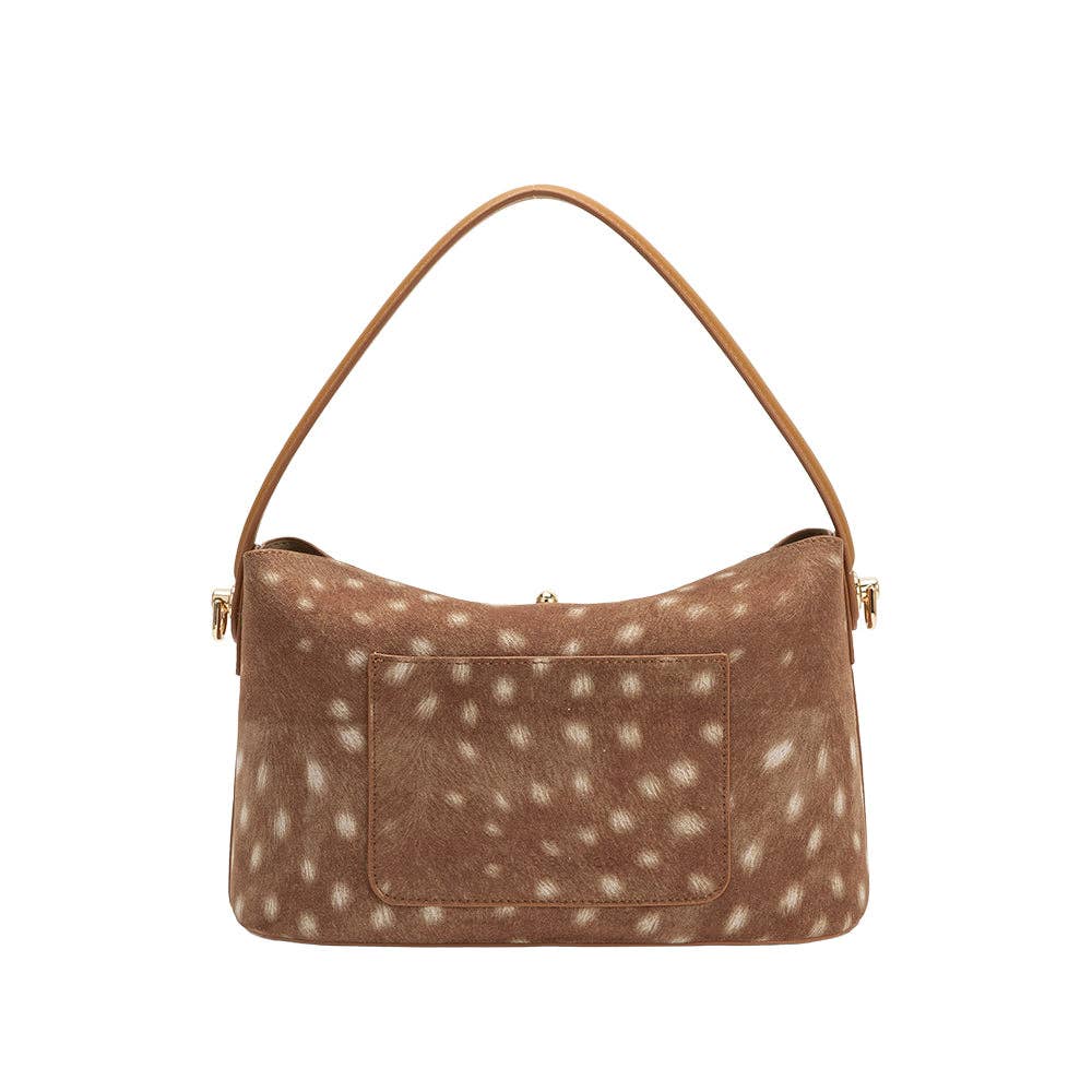 Brown bambi print handbag with a subtle pattern on a white background