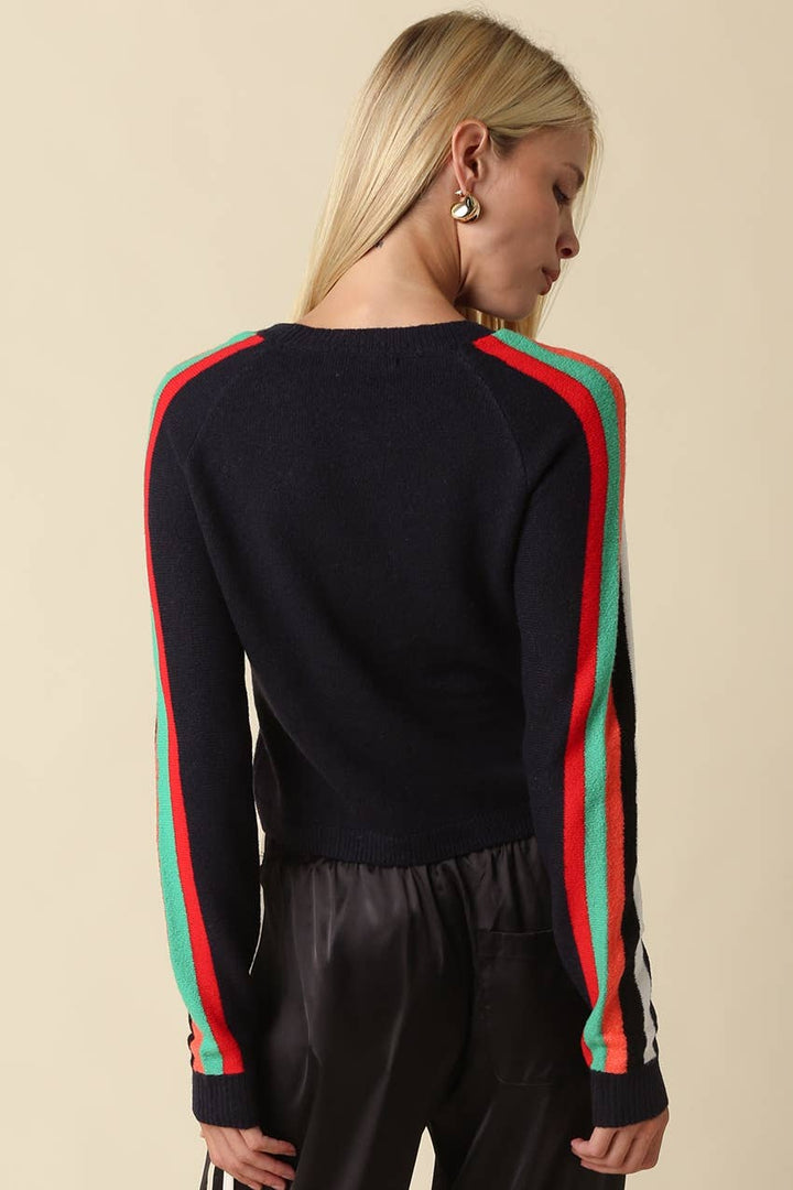 A woman shown from the back wearing a navy knit sweater with distinctive red and green stripes running down the sleeves, paired with black satin pants, against a solid beige background.