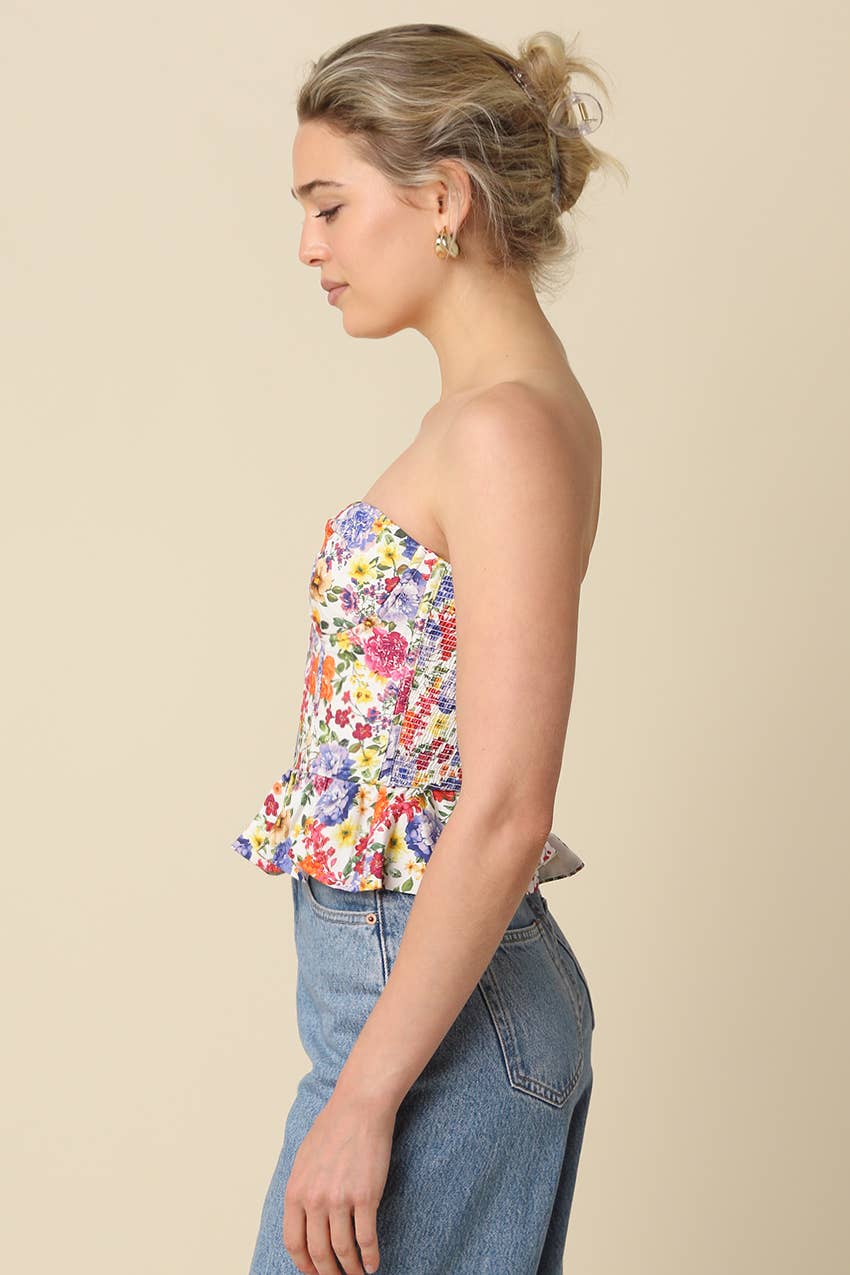 Maribel Floral Peplum Strapless Top