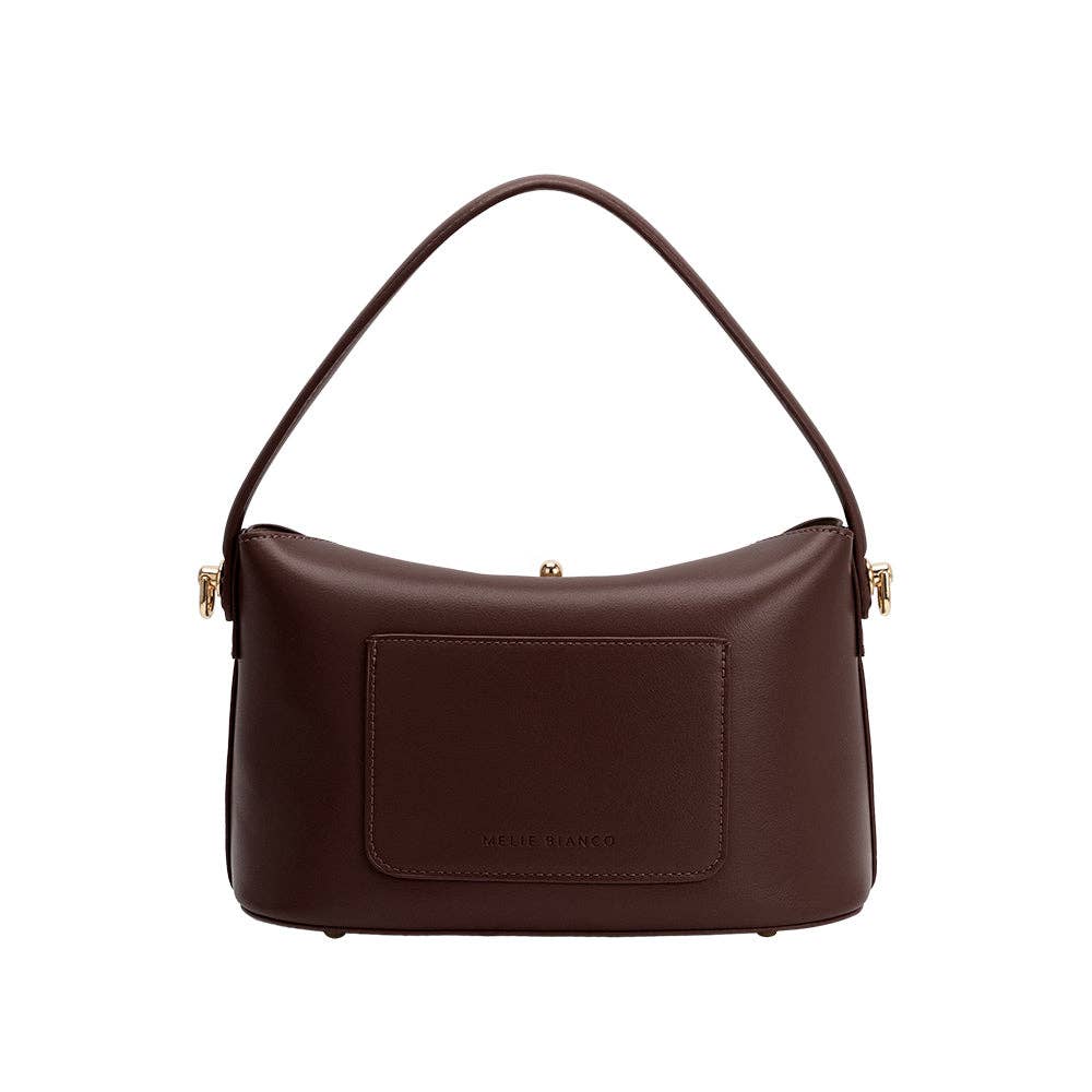 brown structured vegan leather shoulder bag with crossbody strap and gold hardware