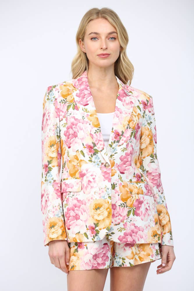 Floral Print Linen Blend Blazer