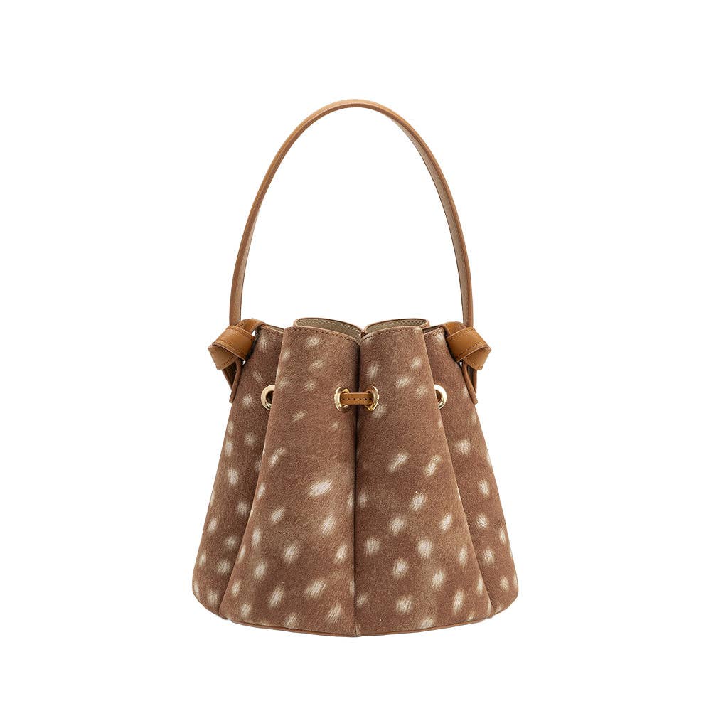 Brown bambi print handbag with leather accents on a white background