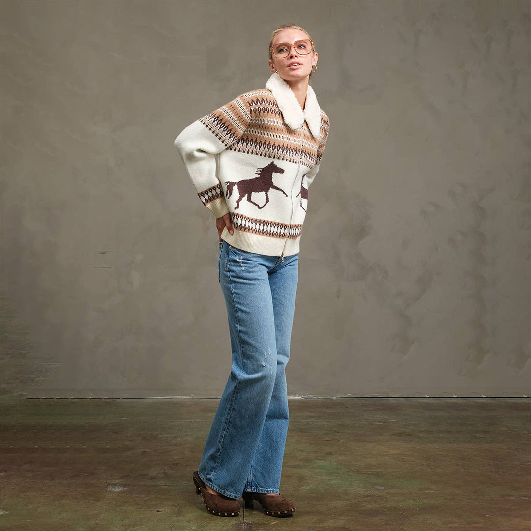 Western Horse Knit Zip-Up Jacket