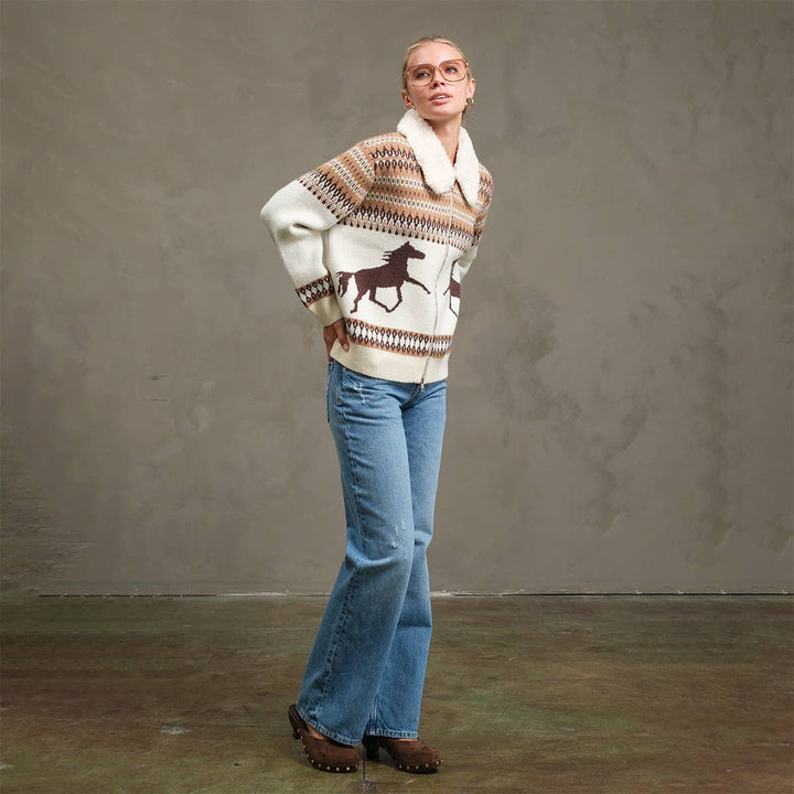 Western Horse Knit Zip-Up Jacket