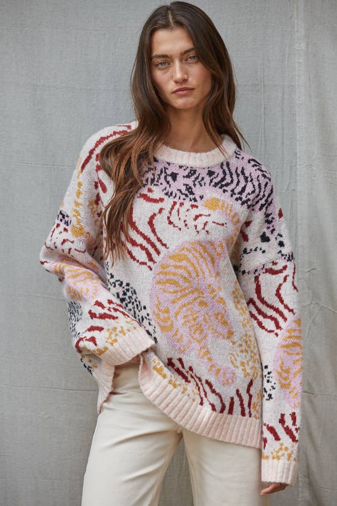 Tiger Print Jacquard Knit Sweater