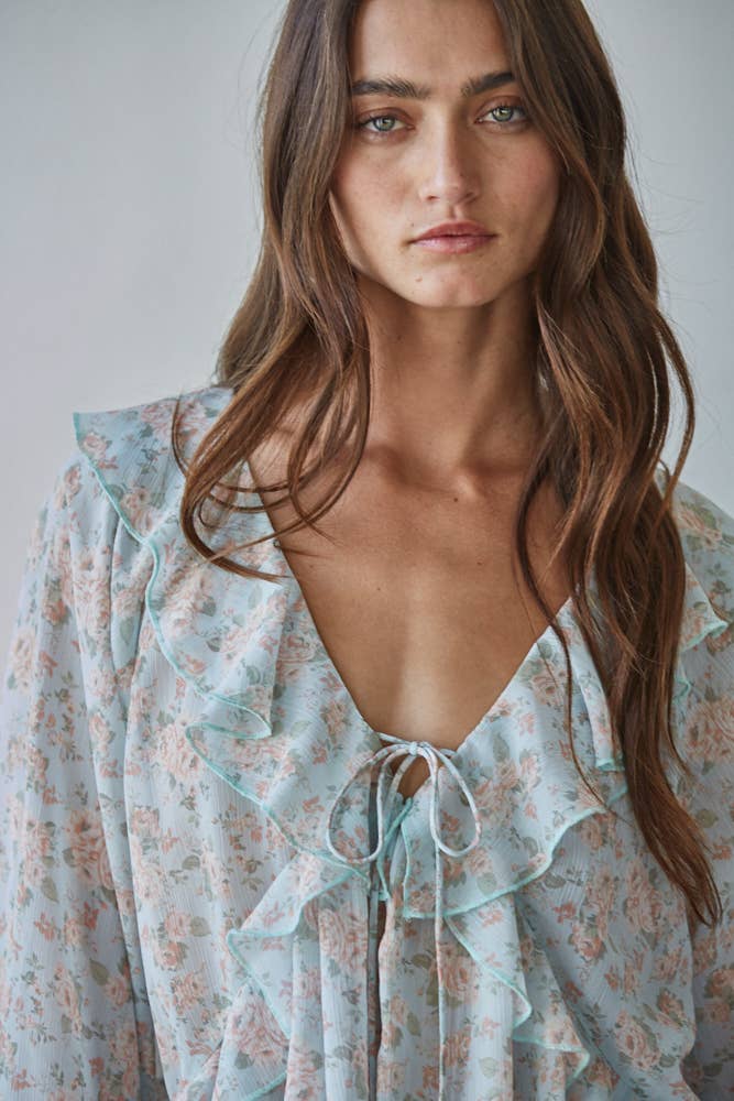 Floral Print Raglan Ruffle Top